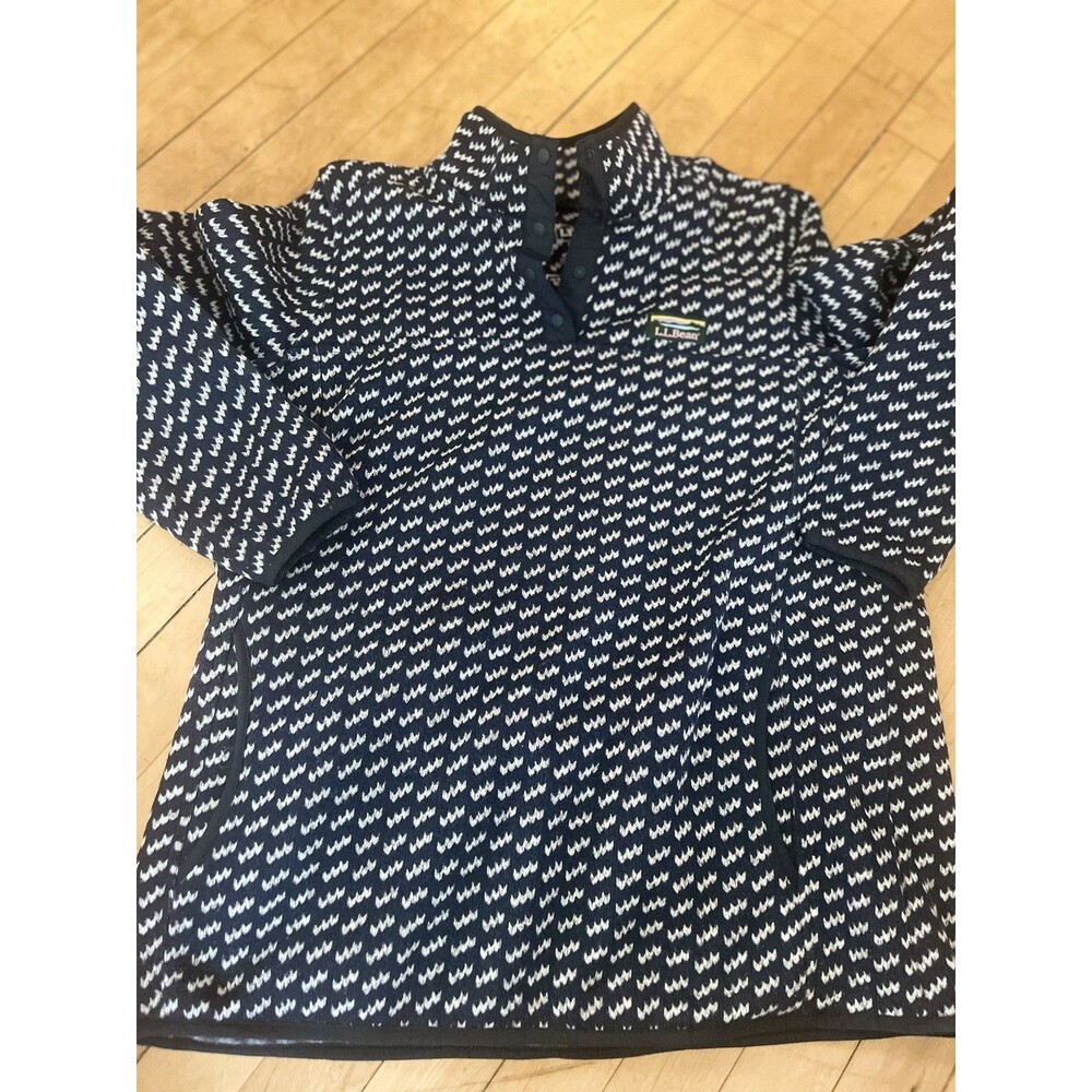 LL Bean Birdseye Fleece Jacket Sweater Women's Size Large Blue/White Pockets